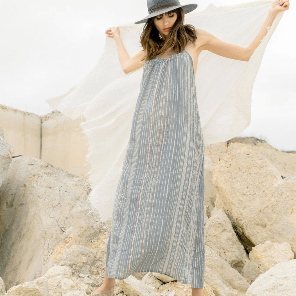 The Handloom Canggu Maxi Dress Navy with Stripes | Boom & Mellow