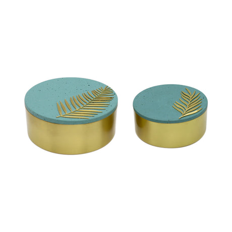 Buy Il Etait Une Fois Palm Leaf Teal Concrete and Brass Jar Set of 2 Online for Women | Free 3-Hour Delivery in Dubai | Boom & Mellow UAE