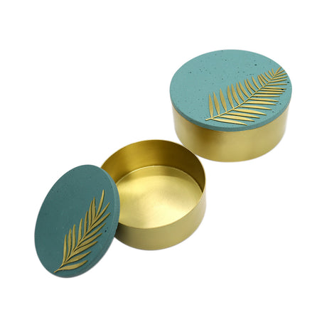 Buy Il Etait Une Fois Palm Leaf Teal Concrete and Brass Jar Set of 2 Online for Women | Free 3-Hour Delivery in Dubai | Boom & Mellow UAE