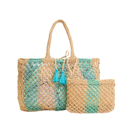 Buy America & Beyond Aqua 3 Stripe Macreme Jute Tote Bag with Zip Clutch Online for Women | Free 3-Hour Delivery in Dubai | Boom & Mellow UAE