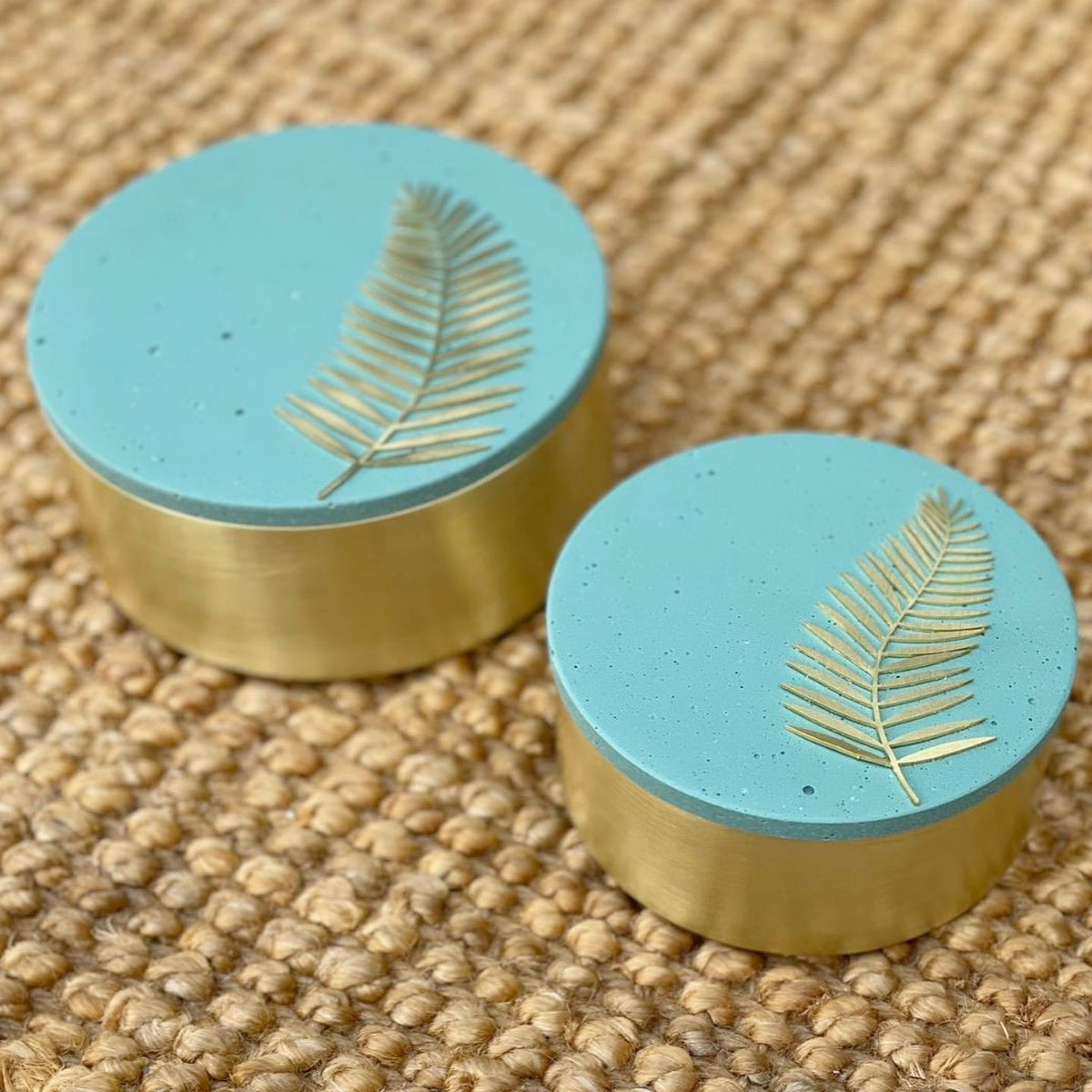 Buy Il Etait Une Fois Palm Leaf Teal Concrete and Brass Jar Set of 2 Online for Women | Free 3-Hour Delivery in Dubai | Boom & Mellow UAE