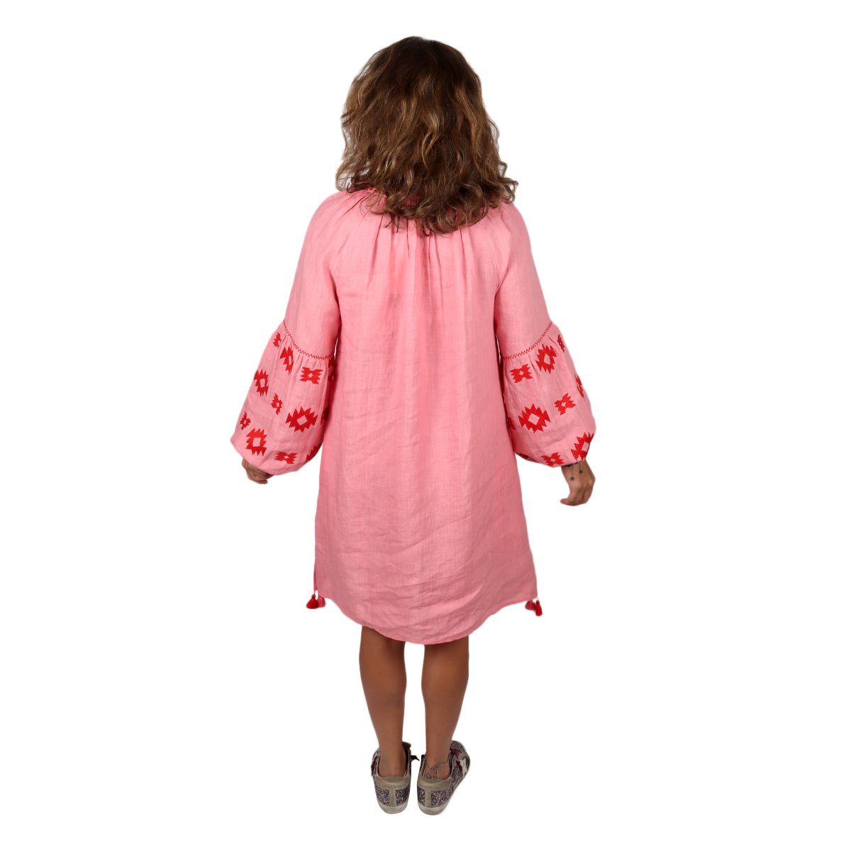 Buy Citrus Pink Puff Sleeves Boho Embroidered Tunic Dress Online for Women | Free 3-Hour Delivery in Dubai | Boom & Mellow UAE